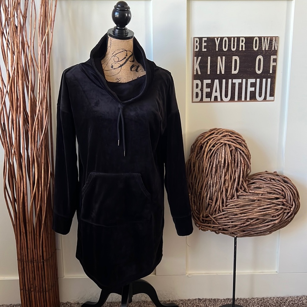Tahari Black Velour Drawstring Cowl Neck Nightshirt
